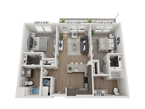 Floor plan for 2 beds, 2 baths, 992 sqft